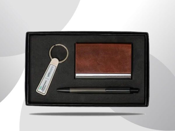 <b>Pelisma Cardcase set</b> With business card case, metal silver triangle body ball point pen & keychain