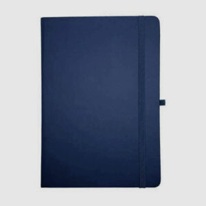 Navy blue hardcover notebook with elastic strap.