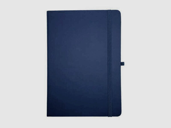 Navy blue hardcover notebook with elastic strap.