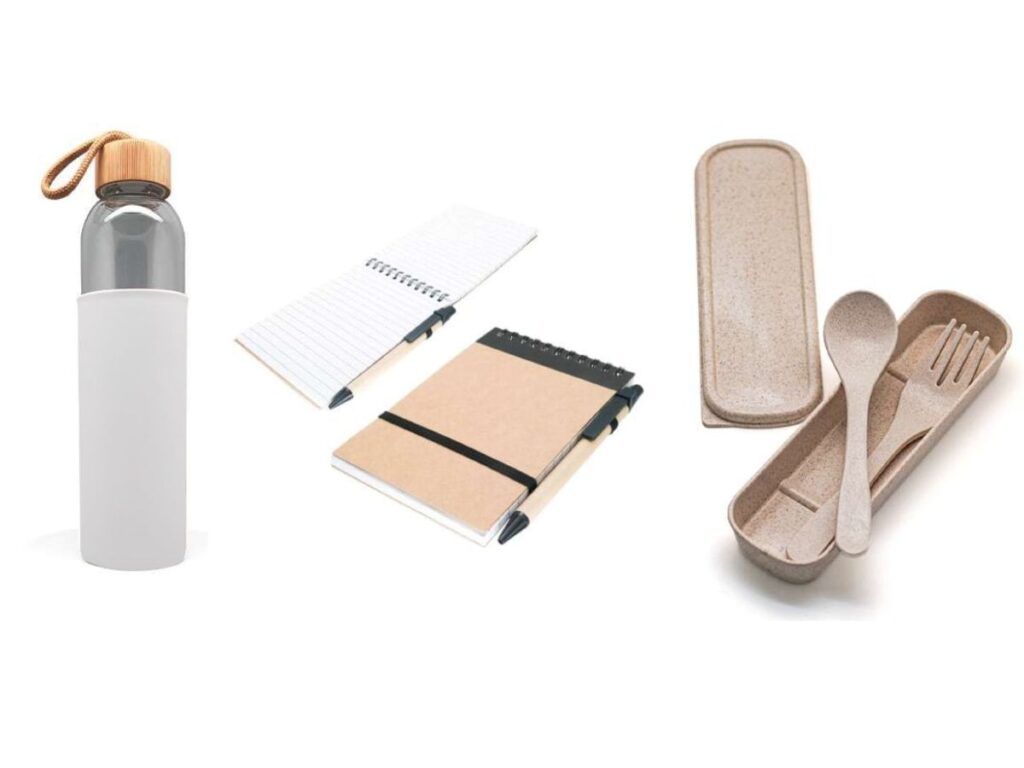Eco-friendly bottle, notebooks, and reusable cutlery set