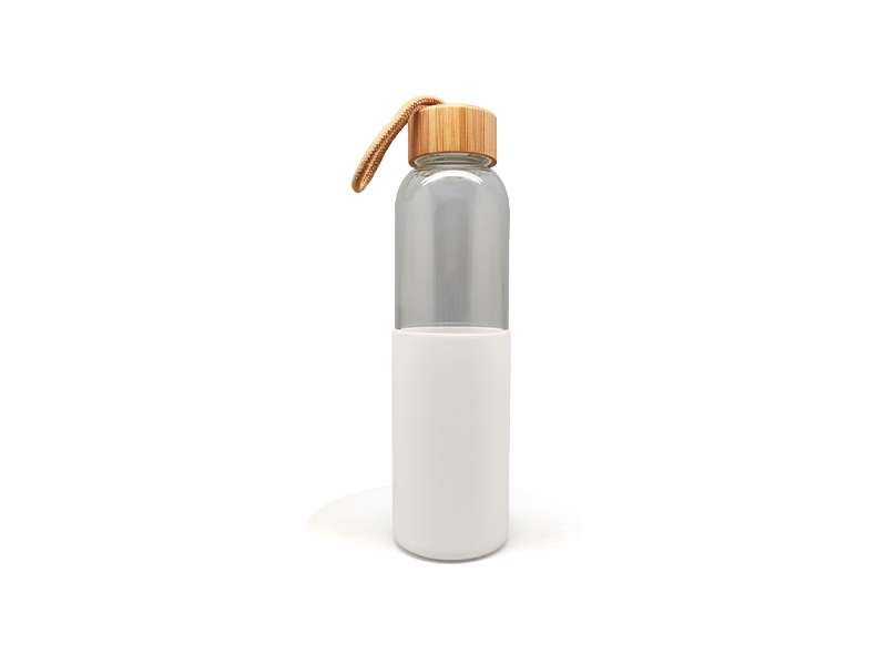 Eco-friendly glass bottle with bamboo cap.